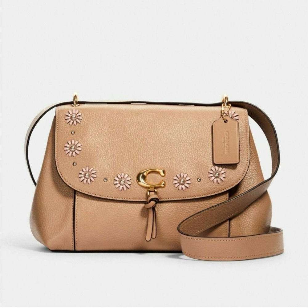 Coach Beige Leather Shoulder Bag with Floral Accents